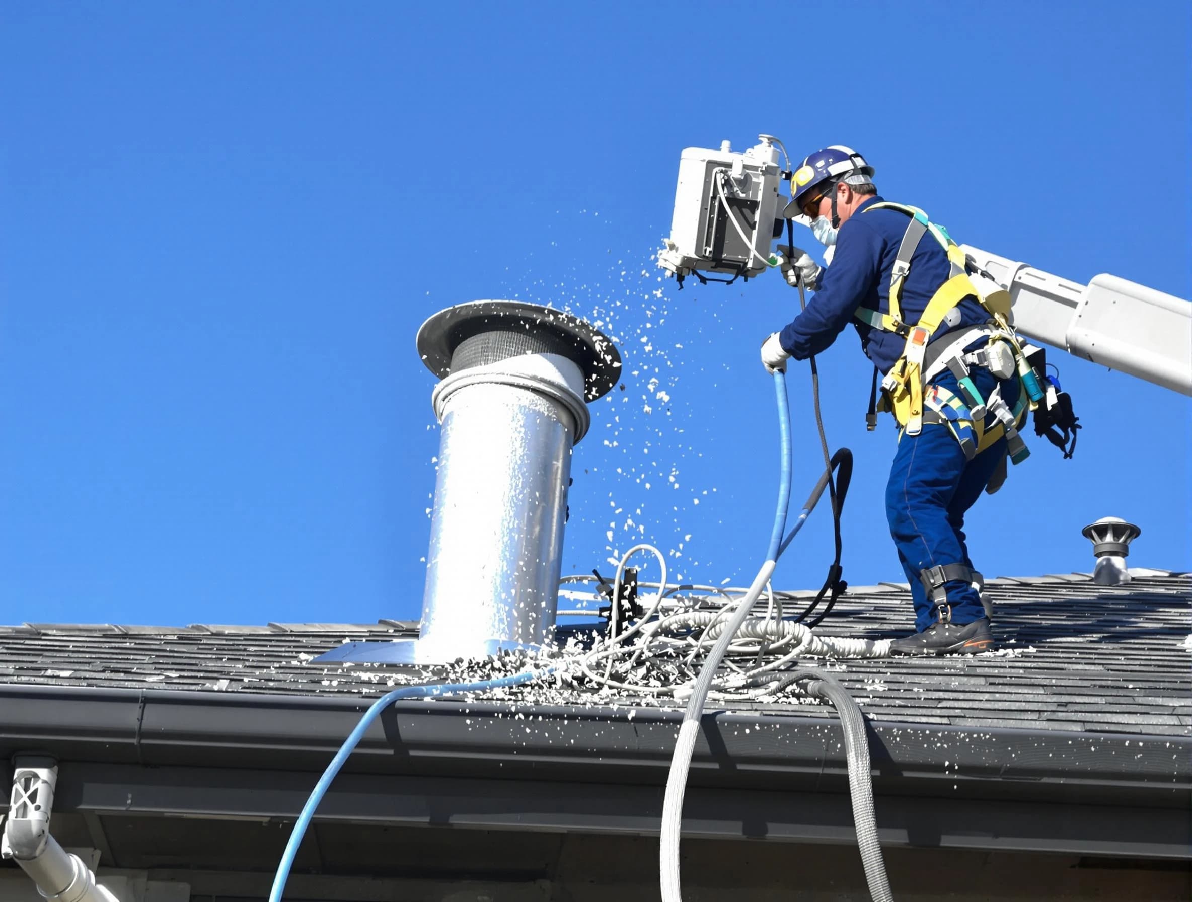 Tarrant Dryer Vent Cleaning certified technician safely cleaning a roof-mounted dryer vent in Tarrant