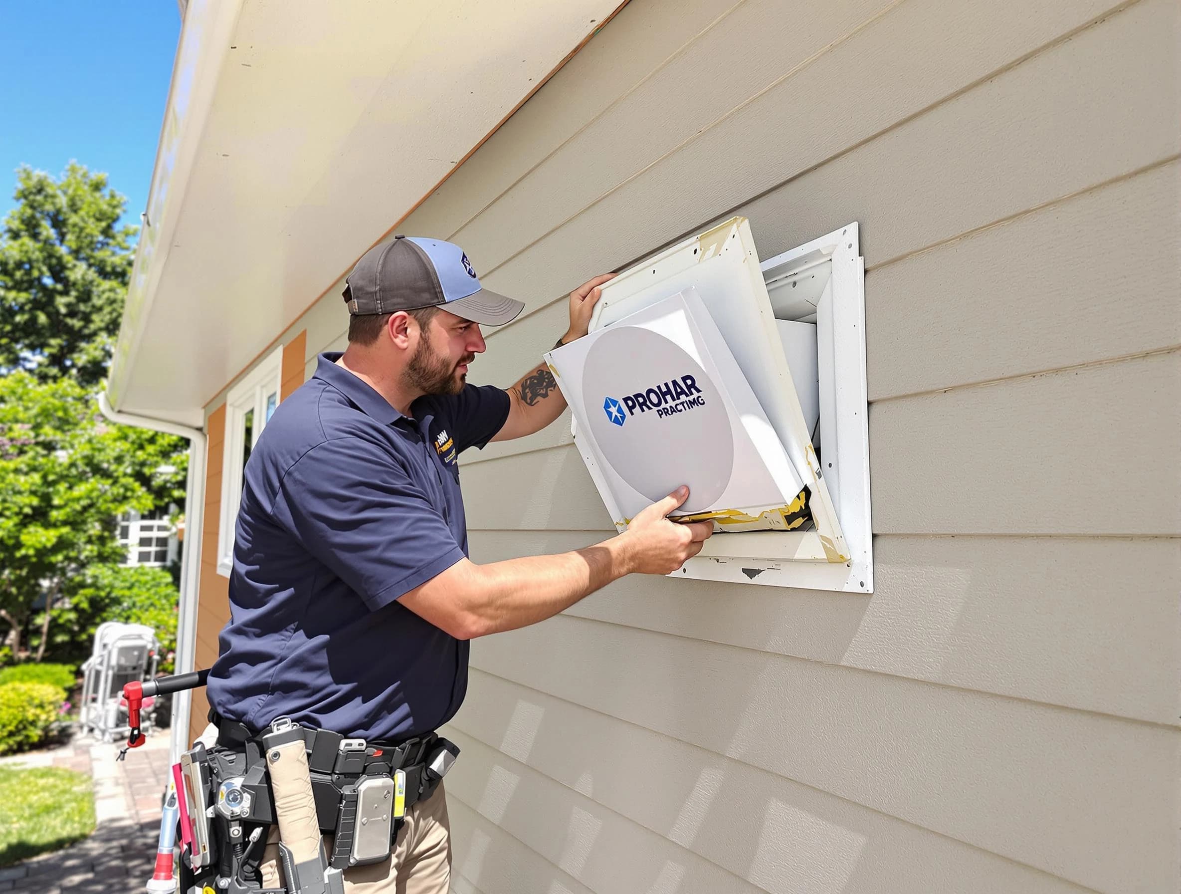 Tarrant Dryer Vent Cleaning technician installing a new protective dryer vent cover on a home in Tarrant